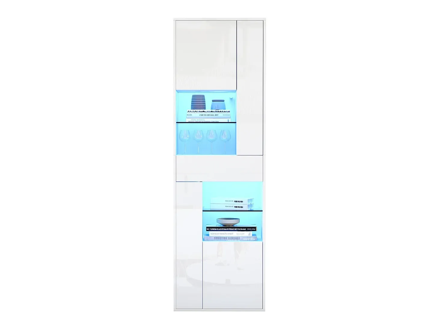 Vitrina de alto brillo 55x38x170 cm - 1 cajón y 4 puertas - con iluminación LED - Blanco