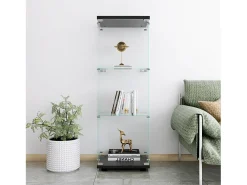 Vitrina de cristal - 3 estantes de cristal - Estantería de suelo para dormitorio - Armario moderno de madera con puertas y cerradura - Negro
