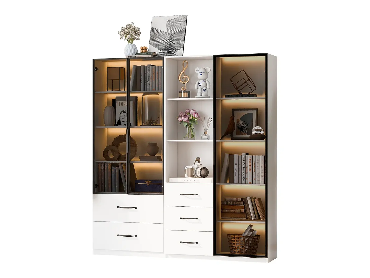 Vitrina de cristal antipolvo - 140 x 40 x 160 cm - con cristal y compartimentos abiertos + LED - aglomerado - blanco