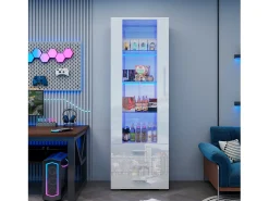 Vitrina de cristal brillante - 60 x 180 x 35 cm - con LED - Vitrina vertical con 3 cajones - MDF - Blanco
