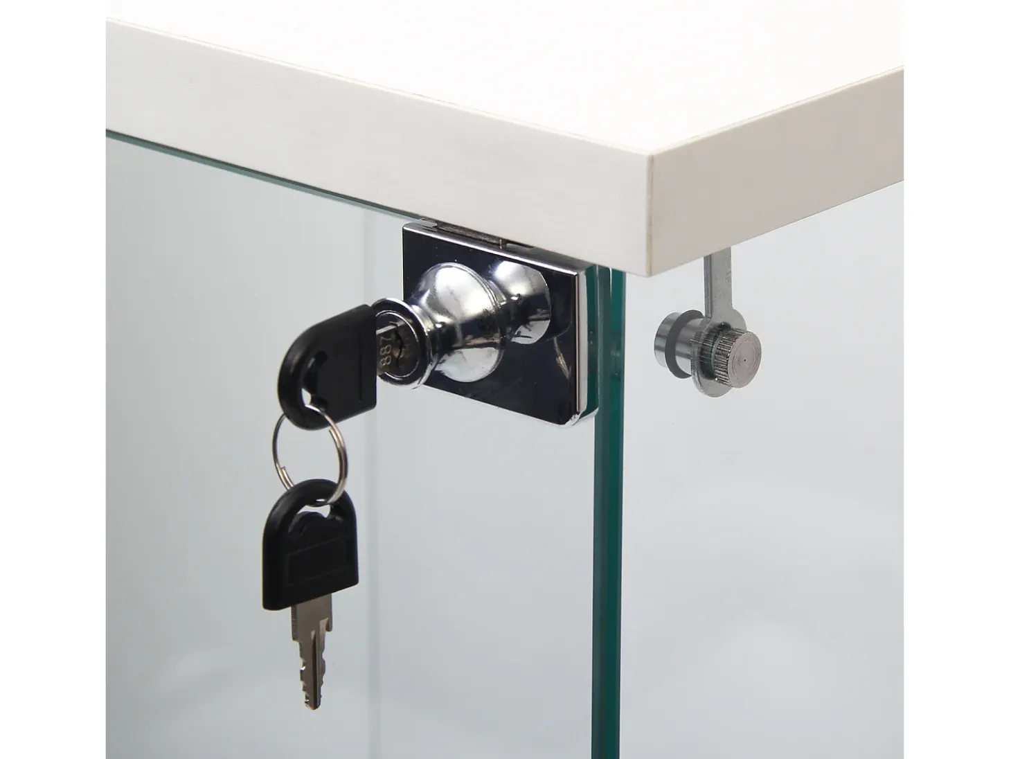 Vitrina de cristal con 3 estantes de cristal, puertas y cerradura, color blanco