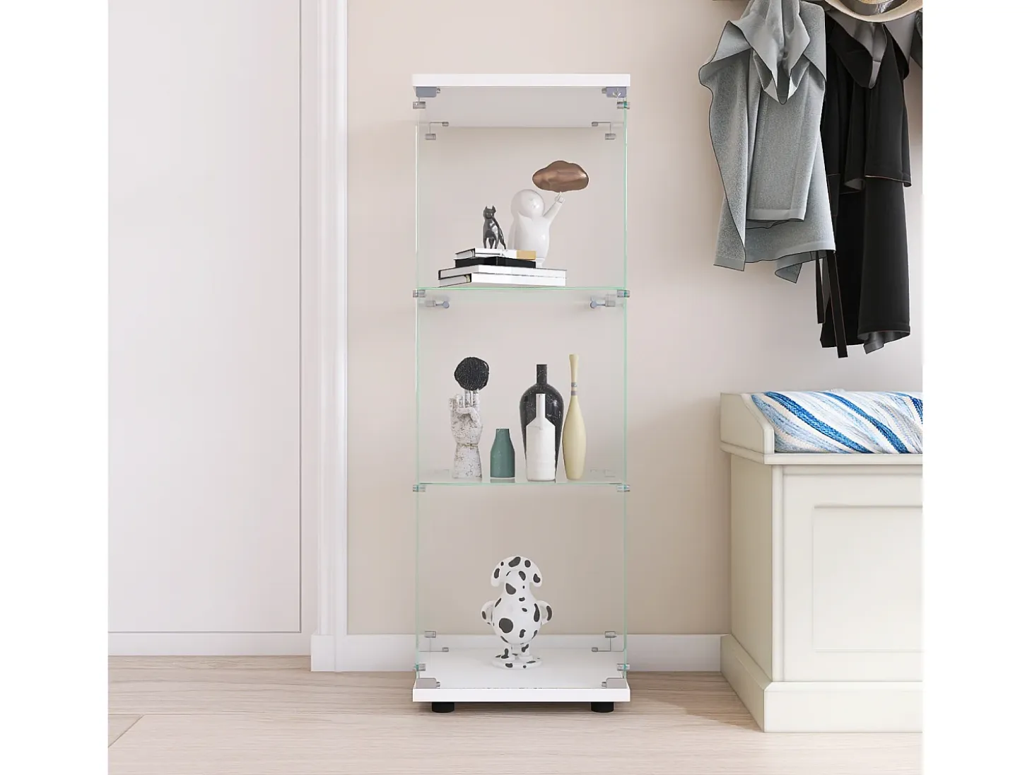 Vitrina de cristal con 3 estantes de cristal, puertas y cerradura, color blanco