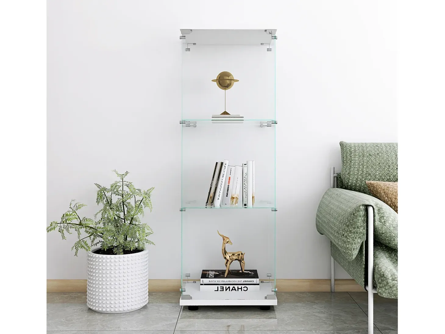 Vitrina de cristal con 3 estantes de cristal, puertas y cerradura, color blanco