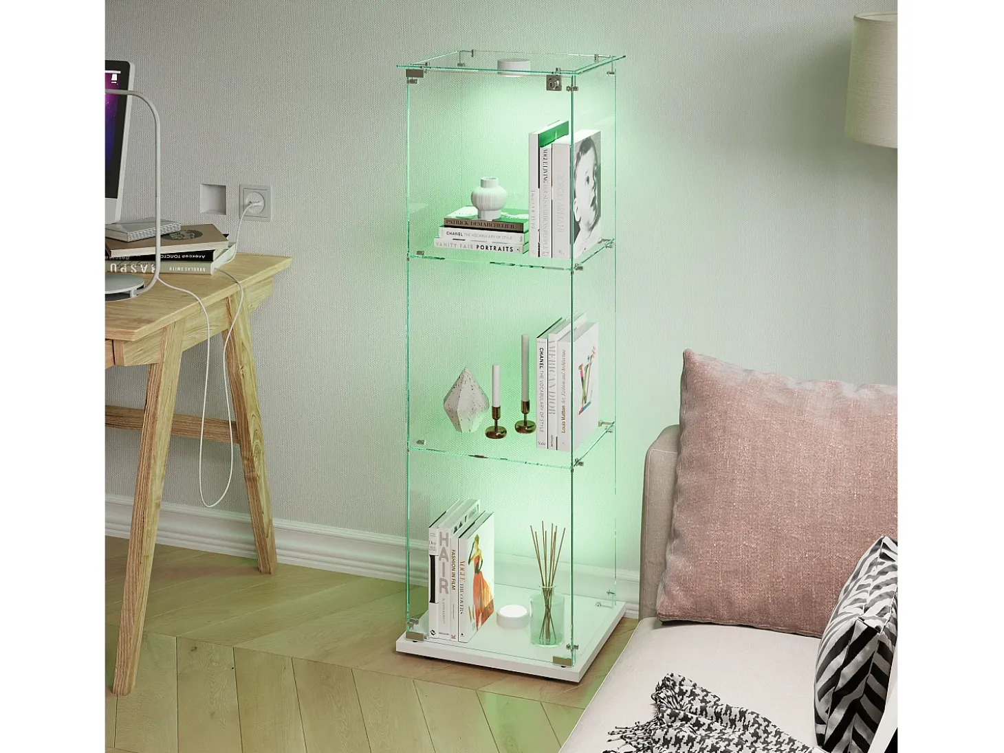 Vitrina de cristal con 3 estantes e iluminación táctil - 123,3 x 39,8 x 35 cm - Vitrina estrecha - blanca
