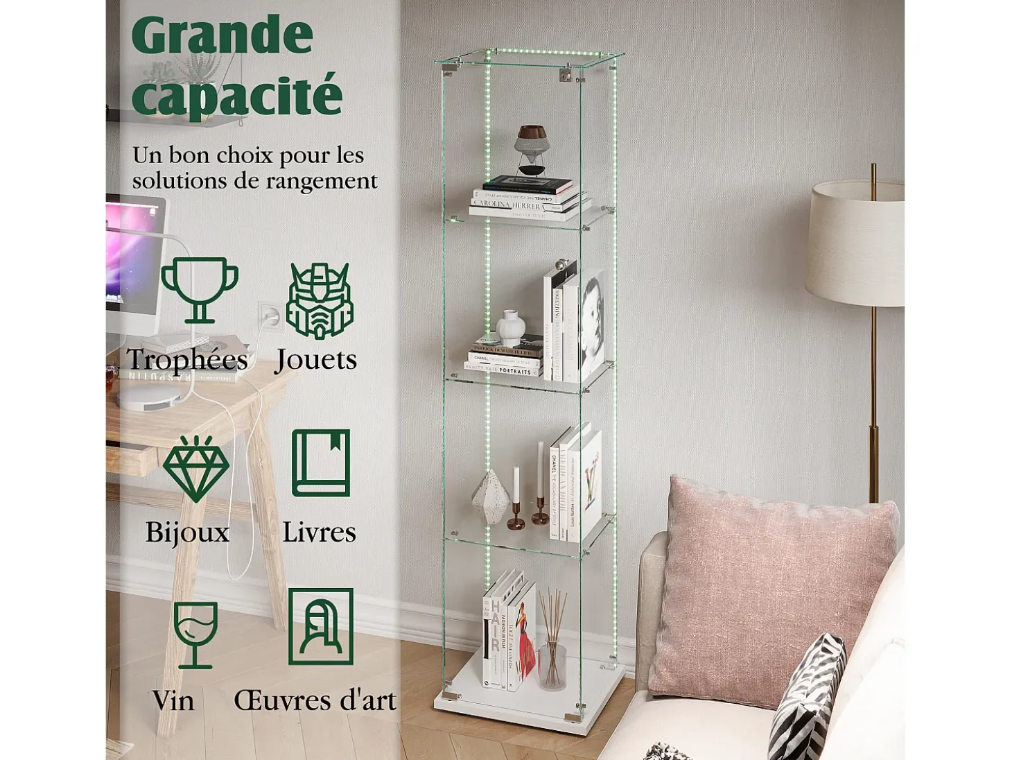 Vitrina de cristal con 5 estantes y puerta doble, vitrina para sala de estar