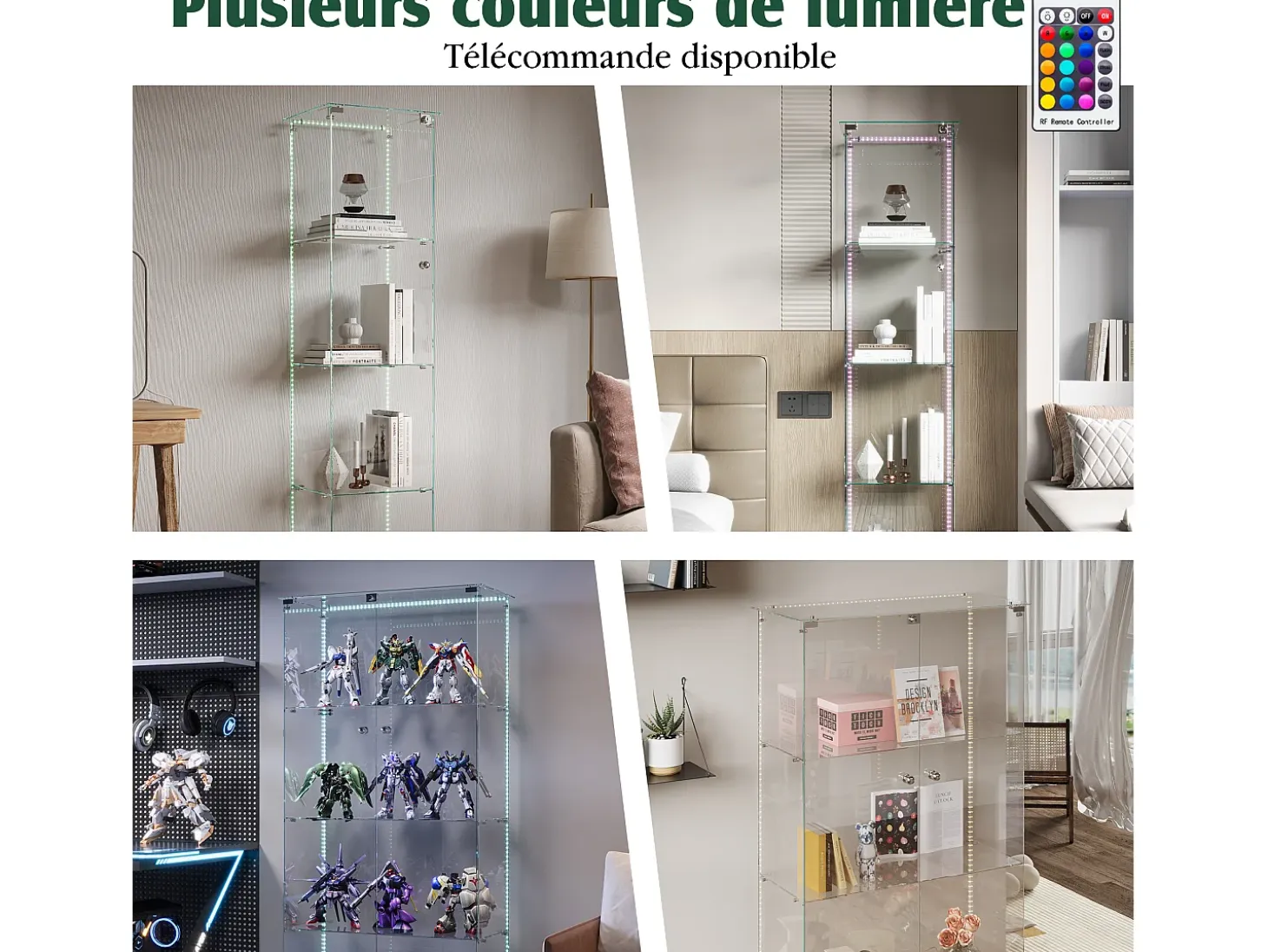 Vitrina de cristal con 5 estantes y puerta doble, vitrina para sala de estar