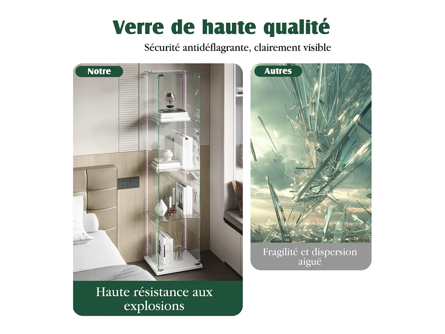 Vitrina de cristal con 5 estantes y puerta doble, vitrina para sala de estar