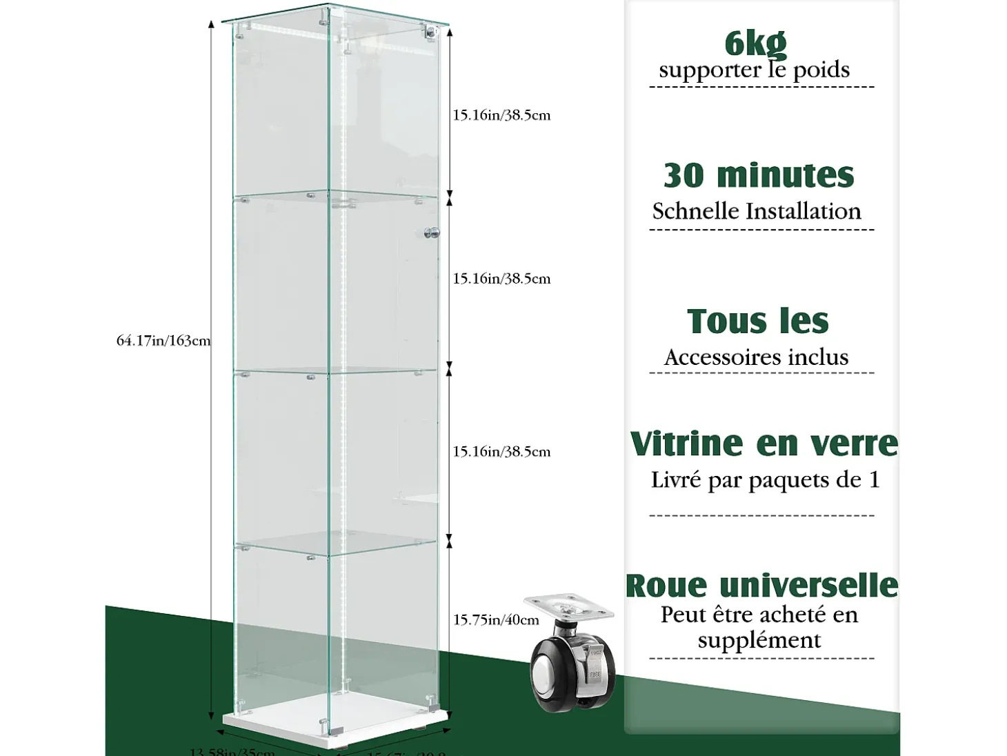 Vitrina de cristal con 5 estantes y puerta doble, vitrina para sala de estar