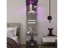 Vitrina de cristal con cerradura e iluminación LED - 4 estantes - 1 puerta - 36,5 x 42,5 x 164 cm - negra