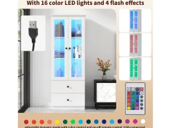 Vitrina de cristal con iluminación LED, 2 puertas y 2 cajones, 60 x 35,5 x 165 cm, color blanco