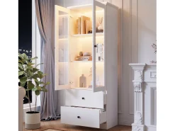 Vitrina de cristal con iluminación LED, 2 puertas y 2 cajones, 60 x 35,5 x 165 cm, color blanco