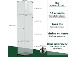 Vitrina de cristal con iluminación LED táctil, puertas y estantes con cerradura, 163x40x35 cm, negra