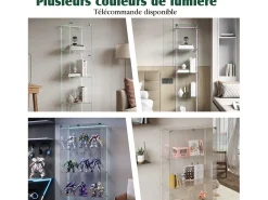 Vitrina de cristal con iluminación LED, puertas y estantes con cerradura, ideal para salón o bar. Medidas: 163 x 40 x 35 cm. Color: Blanco.