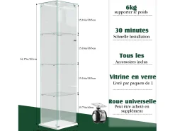 Vitrina de cristal con iluminación LED, puertas y estantes con cerradura, ideal para salón o bar. Medidas: 163 x 40 x 35 cm. Color: Blanco.