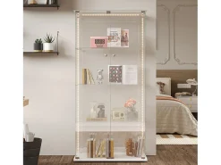 Vitrina de cristal con iluminación LED, 4 estantes y 2 puertas, 78 x 35 x 163 cm, blanca