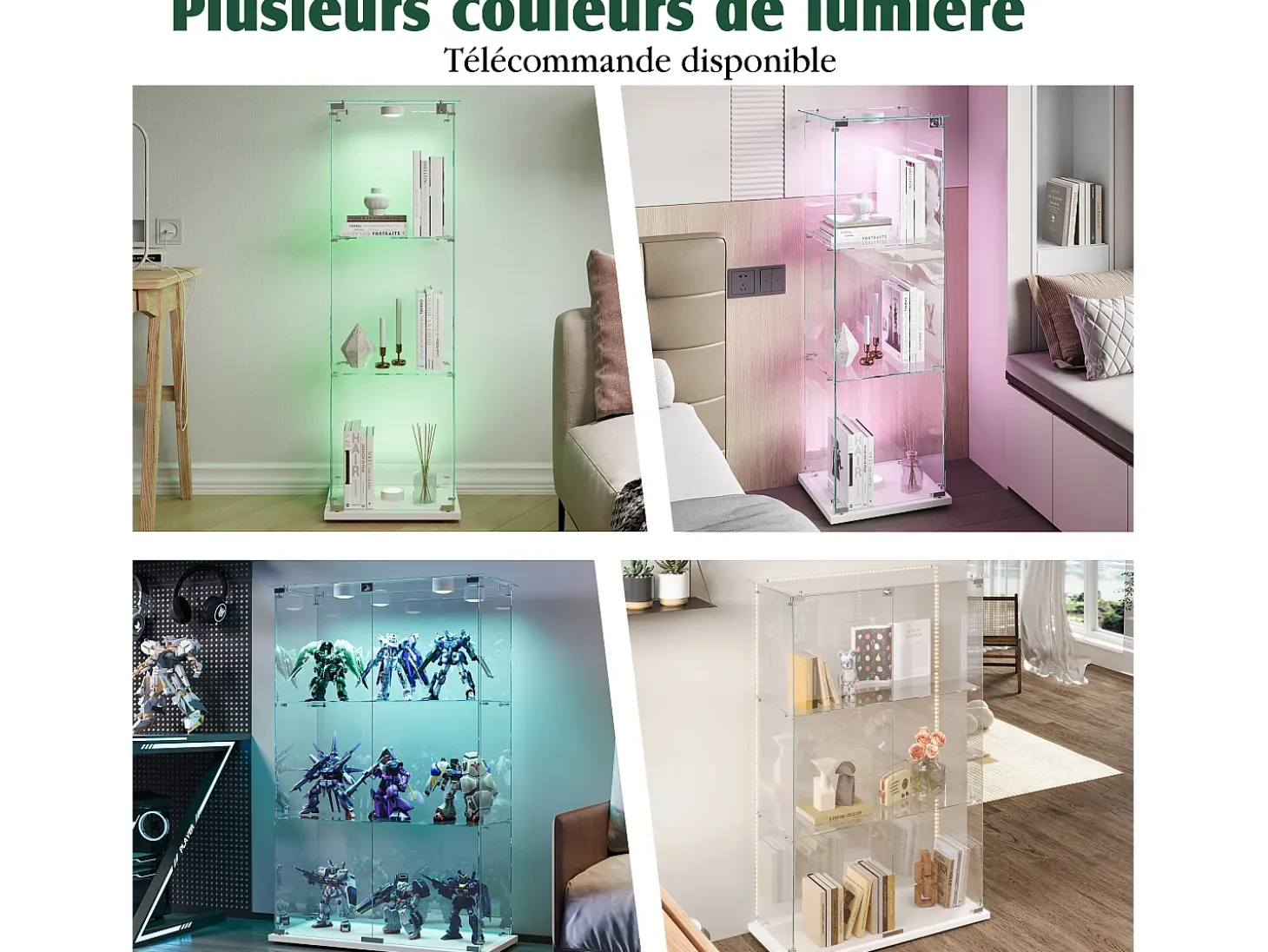 Vitrina de cristal con iluminación LED táctil, 1 puerta, 3 estantes ajustables, 125 x 42 x 36 cm, blanca