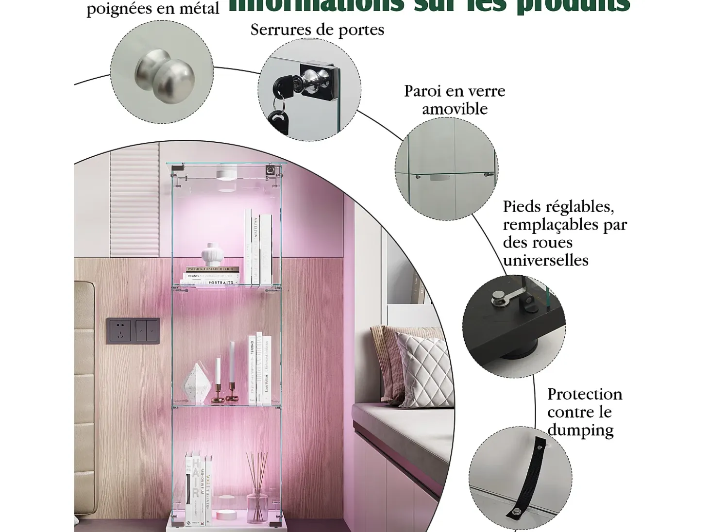 Vitrina de cristal con iluminación LED táctil, 1 puerta, 3 estantes ajustables, 125 x 42 x 36 cm, blanca