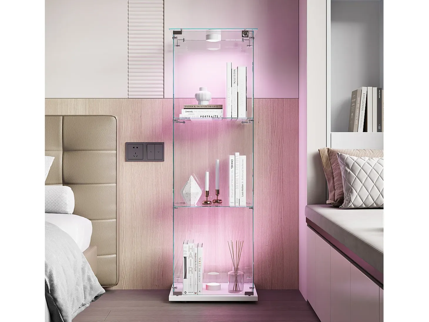 Vitrina de cristal con iluminación LED táctil, 1 puerta, 3 estantes ajustables, 125 x 42 x 36 cm, blanca