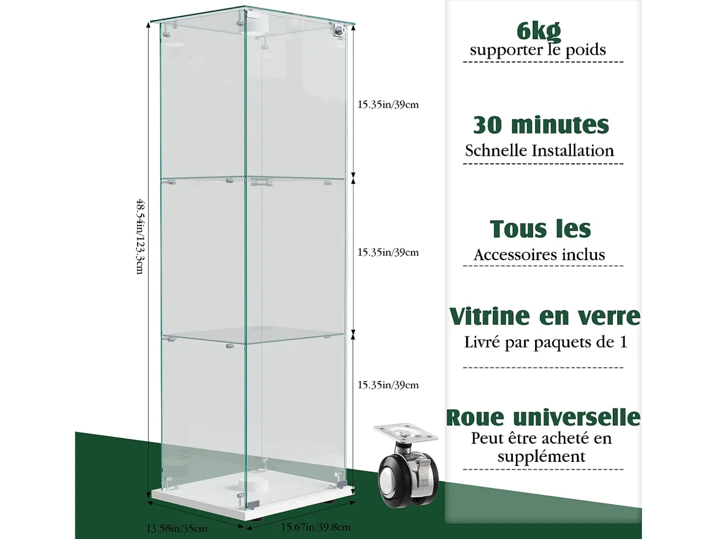 Vitrina de cristal con iluminación LED táctil, 1 puerta, 3 estantes ajustables, 125 x 42 x 36 cm, blanca