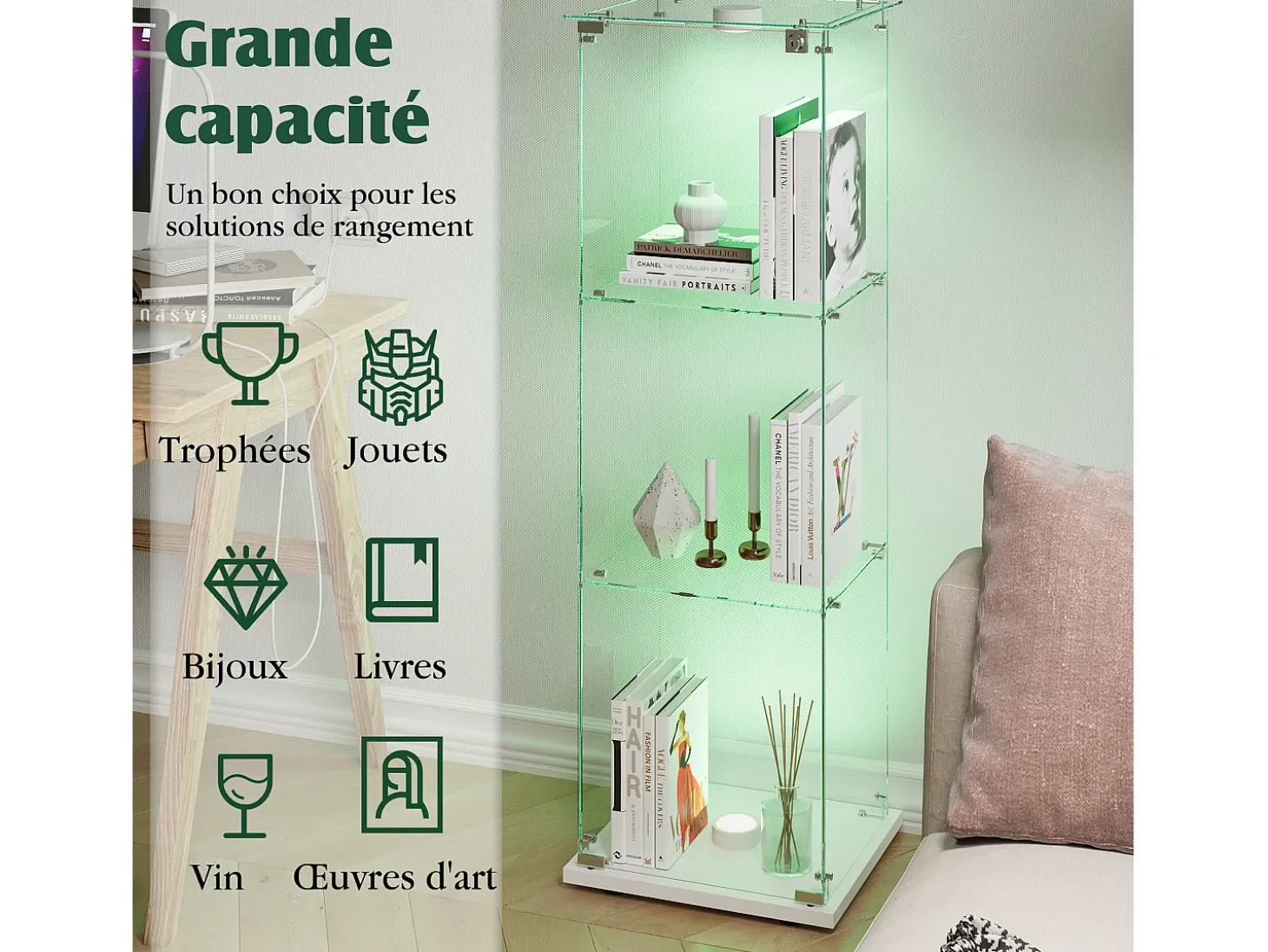 Vitrina de cristal con iluminación LED táctil, 1 puerta, 3 estantes ajustables, 125 x 42 x 36 cm, blanca