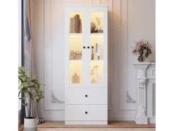 Vitrina de cristal con iluminación LED, 2 puertas y 2 cajones, 60 x 35,5 x 165 cm, blanca