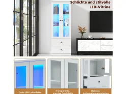 Vitrina de cristal con iluminación LED, 2 puertas y 2 cajones, 60 x 35,5 x 165 cm, blanca