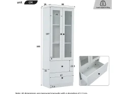 Vitrina de cristal con iluminación LED, 2 puertas y 2 cajones, 60 x 35,5 x 165 cm, blanca