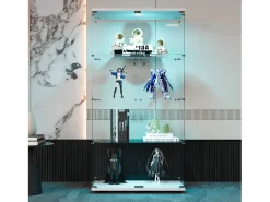 Vitrina de cristal con soporte, LED, 2 puertas con cerradura, 4 compartimentos, para colecciones y decoración