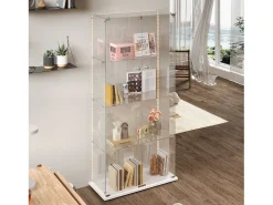 Vitrina de cristal con tiras LED, vitrina, 2 puertas con cerradura, 4 estantes, 163 x 78,5 x 35 cm, color blanco