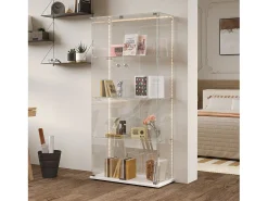 Vitrina de cristal con tiras LED, vitrina, 2 puertas con cerradura, 4 estantes, 163 x 78,5 x 35 cm, color blanco