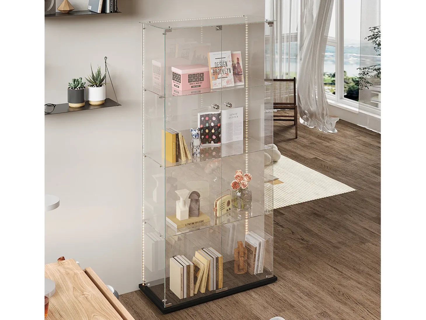 Vitrina de cristal con tiras LED, vitrina, 2 puertas con cerradura, 4 estantes, 163 x 78,5 x 35 cm, color negro