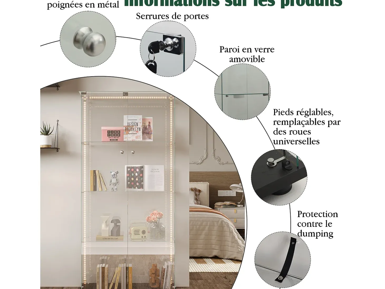 Vitrina de cristal con tiras LED, vitrina, 2 puertas con cerradura, 4 estantes, 163 x 78,5 x 35 cm, color negro