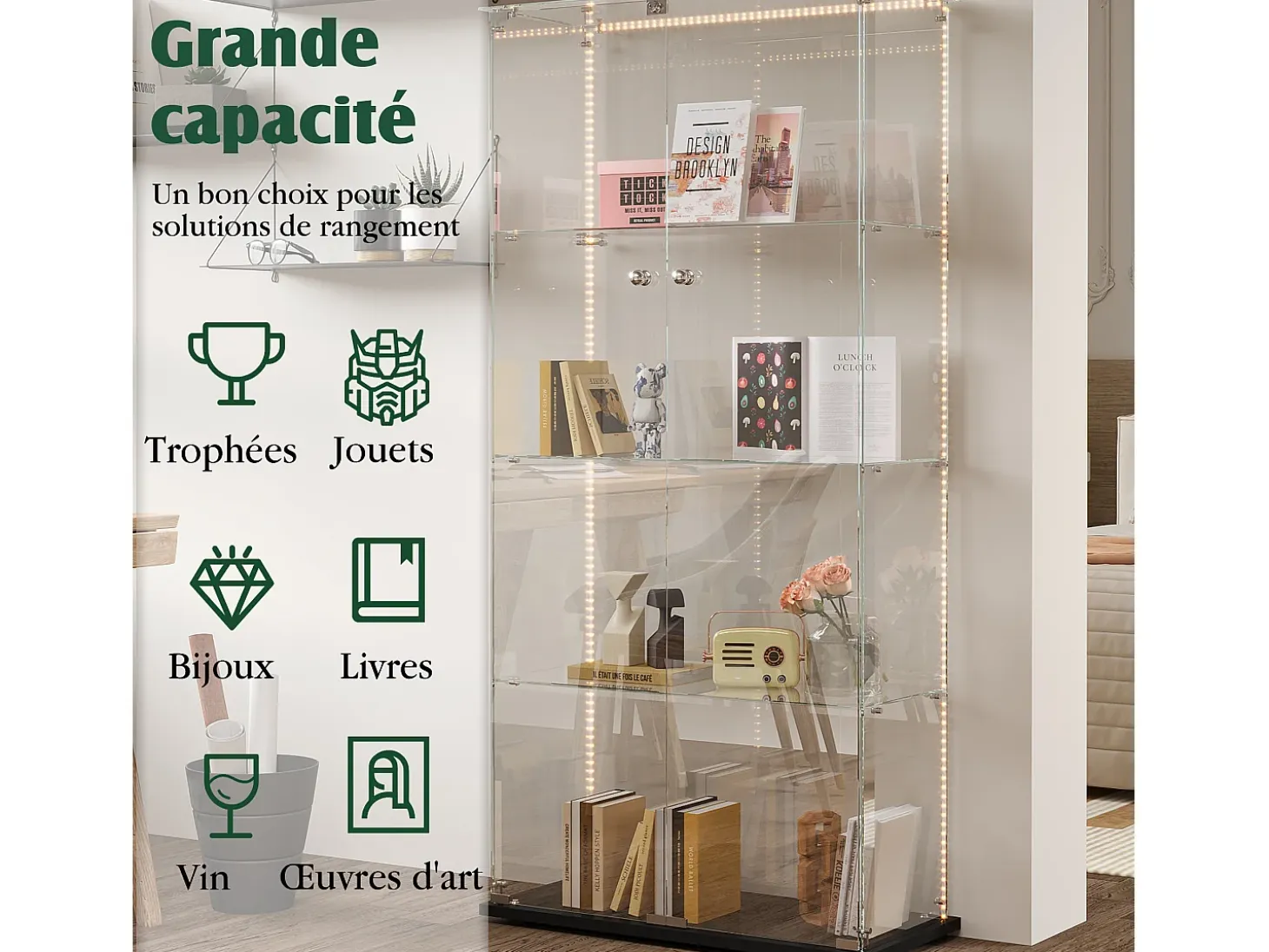 Vitrina de cristal con tiras LED, vitrina, 2 puertas con cerradura, 4 estantes, 163 x 78,5 x 35 cm, color negro