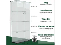 Vitrina de cristal con tiras LED, vitrina, 2 puertas con cerradura, 4 estantes, 163 x 78,5 x 35 cm, color negro