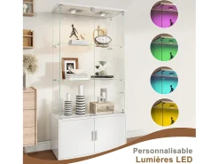 Vitrina de cristal de 3 estantes con gabinetes e iluminación LED – Diseño moderno blanco