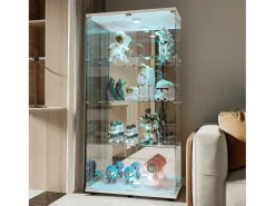Vitrina de cristal de 163,9 x 36,49 x 80,49 cm, con estantes e iluminación LED, armario de curiosidades de doble puerta.