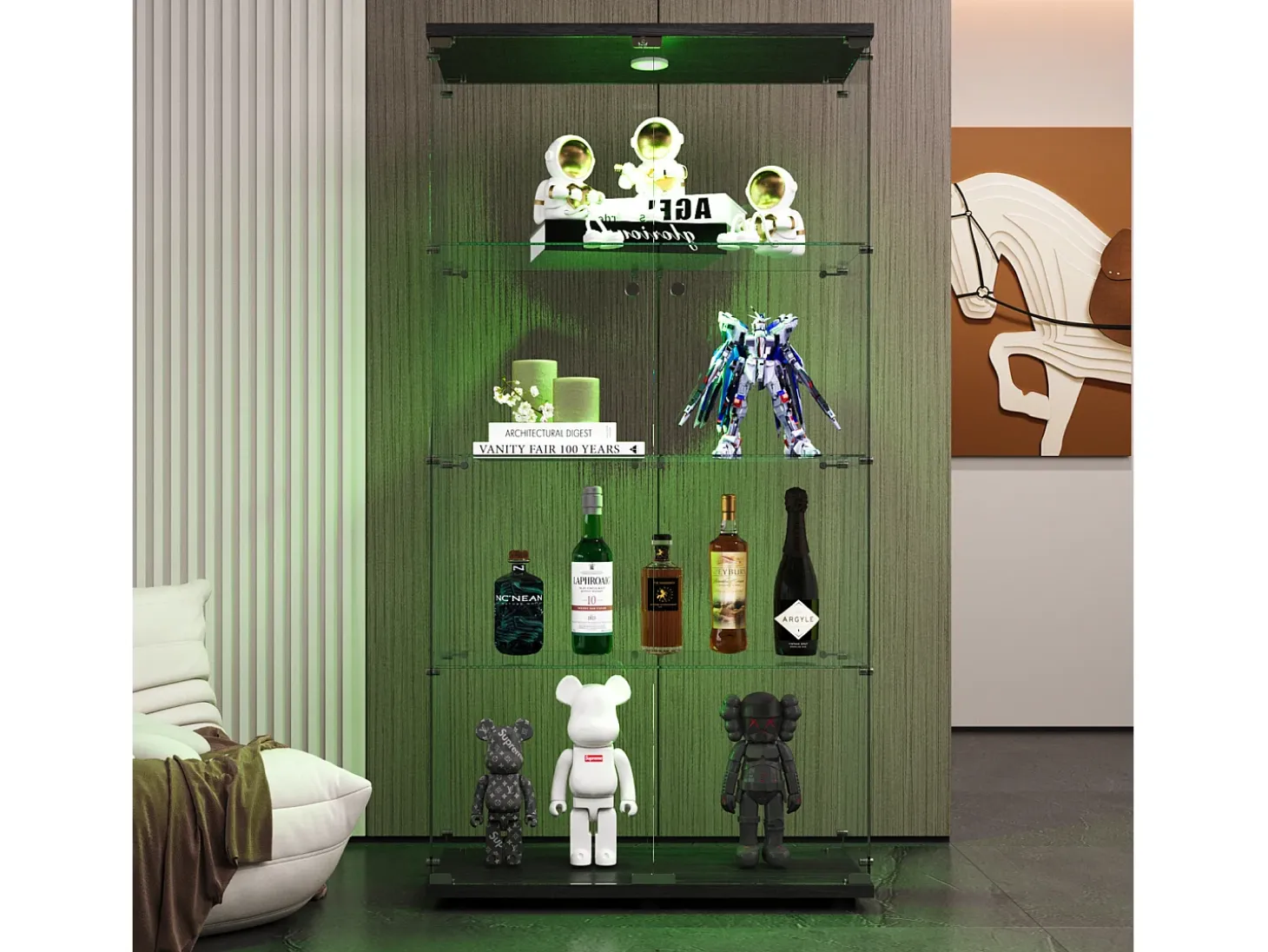 Vitrina de cristal LED – 4 estantes, 2 puertas, vitrina independiente, negra, 80,49 x 36,49 x 163,9 cm