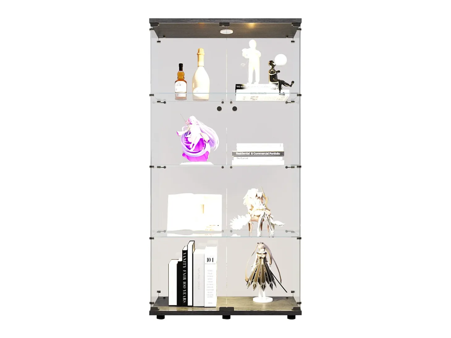 Vitrina de cristal LED – 4 estantes, 2 puertas, vitrina independiente, negra, 80,49 x 36,49 x 163,9 cm