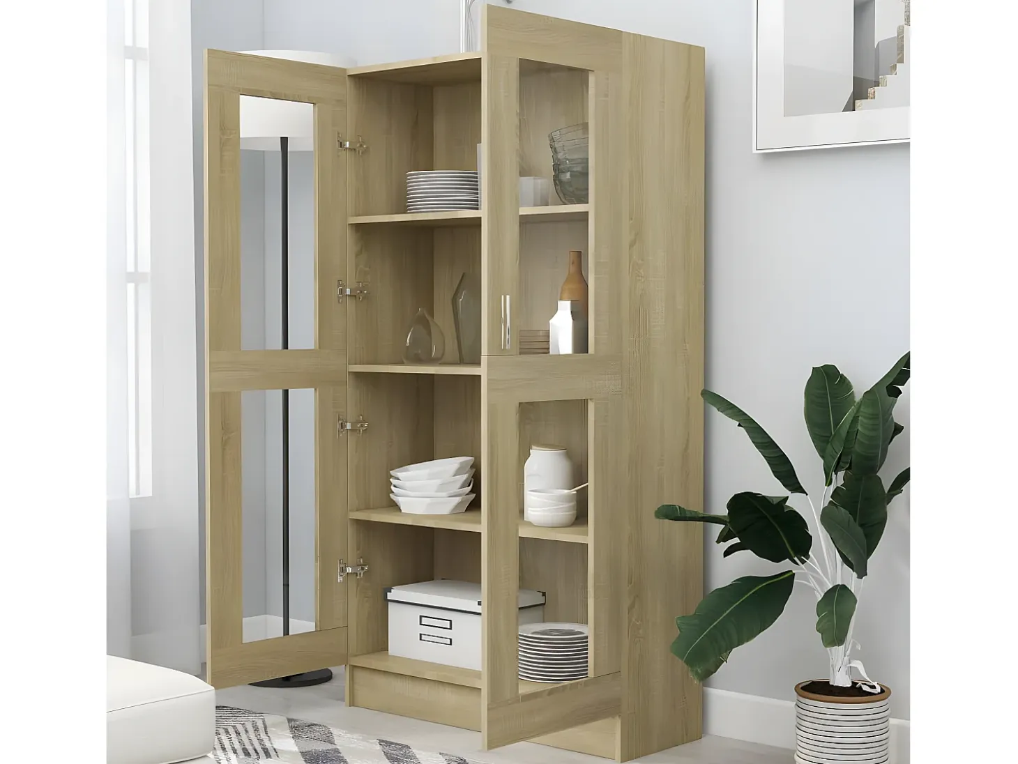 Vitrina de madera contrachapada color roble 82,5x30,5x150 cm