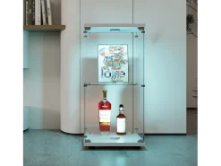Vitrina de vidrio de doble capa con puerta, estantería independiente para sala de estar, dormitorio, oficina, 40,4 x 36,5 x 86,2 cm, color blanco