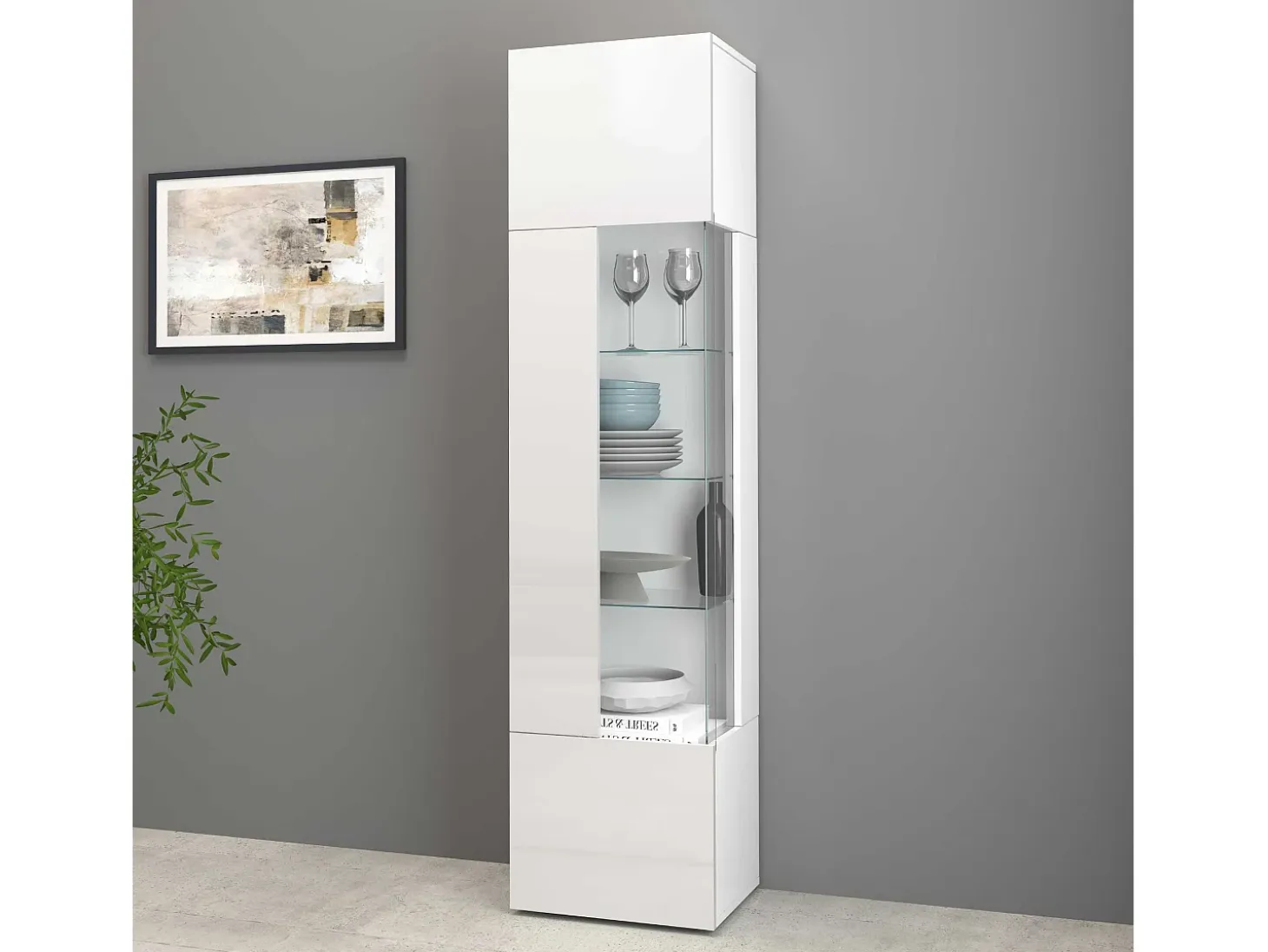 Vitrina Egypt con 1 puerta y 5 estantes blanco brillo 45x34x190 cm