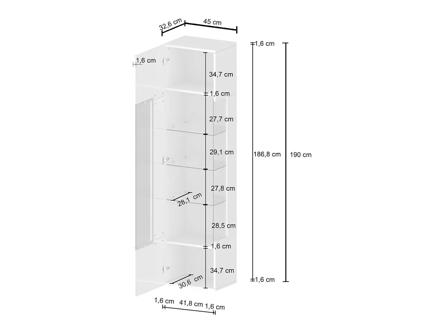 Vitrina Egypt con 1 puerta y 5 estantes blanco brillo 45x34x190 cm