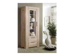 Vitrina en roble macizo blanqueado 1 puerta cristal 2 cajones Nordo 80 cm
