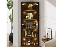 Vitrina esquinera de cristal templado - 62 x 35 x 160 cm - con LEDs + tapa antipolvo + 2 puertas - MDF + cristal - negro