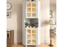 Vitrina esquinera lacada - 63,5 x 45 x 157,5 cm - con LEDs + 2 puertas + estante - MDF - blanco