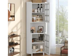 Vitrina esquinera lacada - 63,5 x 45 x 157,5 cm - con LEDs + 2 puertas + estante - MDF - blanco