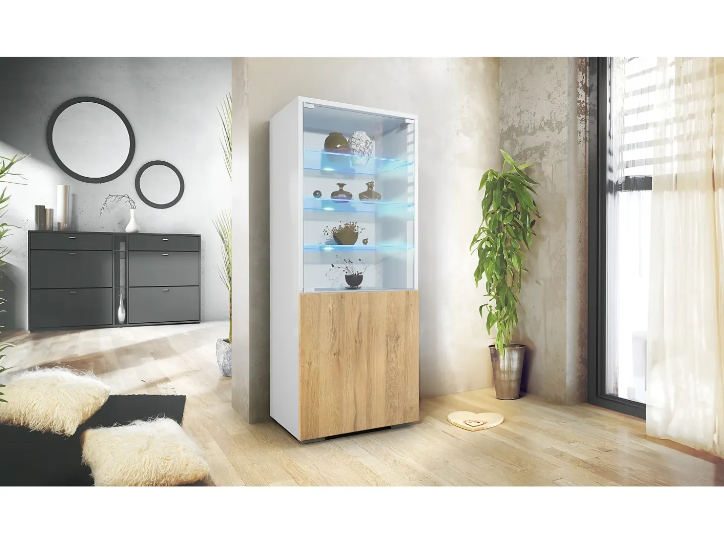 Vitrina Granada de Vladon, Armario Vitrina Made in Germany con Puerta de Cristal e Inserto de Cristal incl. LED, blanco mate/roble natural (50 x 122,5 x 34,5 cm)