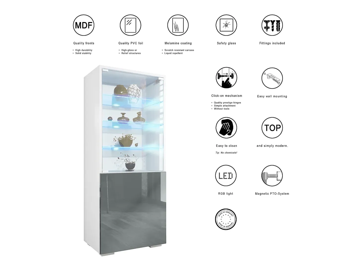 Vitrina Granada de Vladon, Armario Vitrina Made in Germany con Puerta de Cristal e Inserto de Cristal incl. LED, blanco mate/roble natural (50 x 122,5 x 34,5 cm)