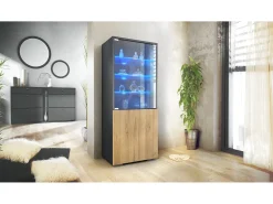 Vitrina Granada de Vladon, Armario Vitrina Made in Germany con Puerta de Cristal e Inserto de Cristal incl. LED, antracita mate/roble natural (50 x 122,5 x 34,5 cm)