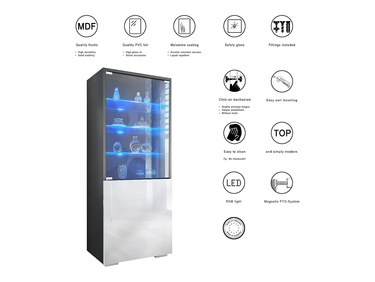 Vitrina Granada de Vladon, Armario Vitrina Made in Germany con Puerta de Cristal e Inserto de Cristal incl. LED, antracita mate/roble natural (50 x 122,5 x 34,5 cm)